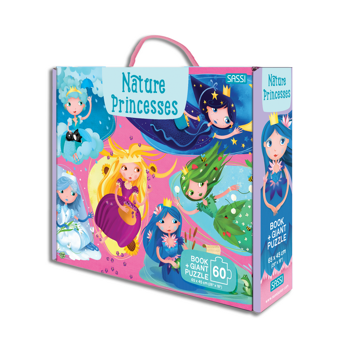 In the garden, among a thousand colourful flowers, live the princesses of nature. Build the giant puzzle and watch carefully: everything in  nature has its princess!  A box embellished with glitter containing a 60-piece puzzle to discover the wonders of nature and its beautiful and mysterious princesses.  Ideal for ages 5 and up