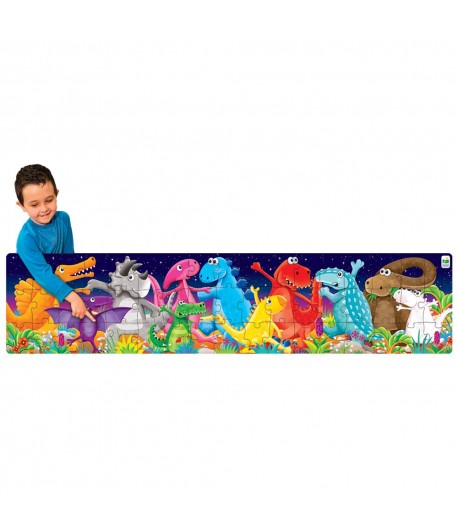 little boy pointing to the dinosaur puzzle, different dinosaurs dancing