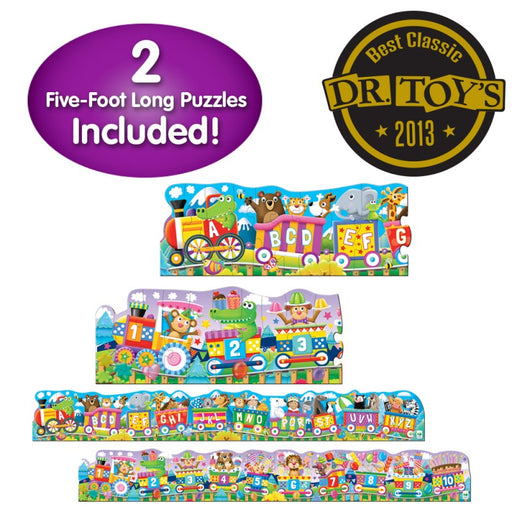 2 five foot long puzzles, with train theme and animals, numbers and alphabet